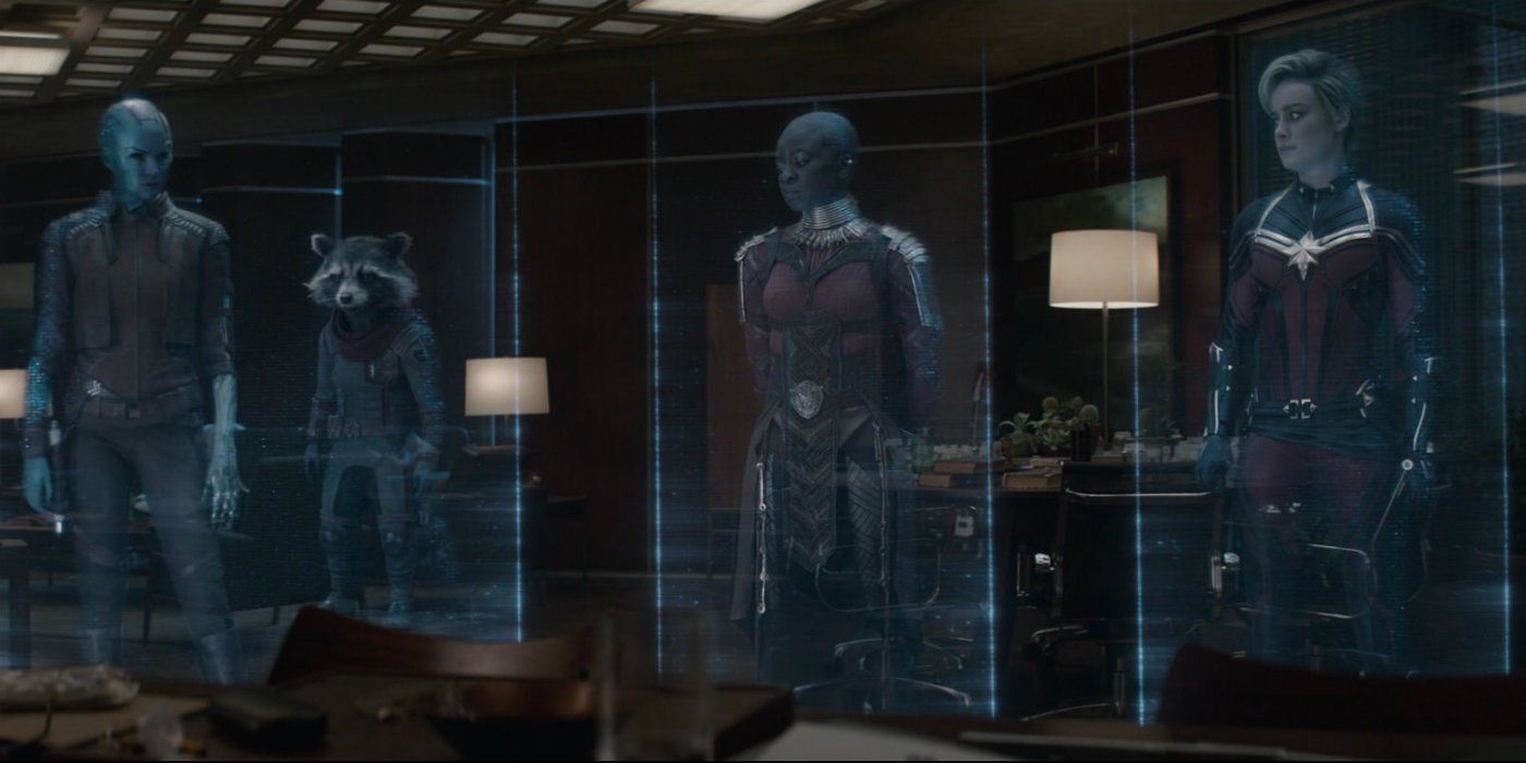 Okoye, Captain Marvel, Nebula, and Rocket appear via hologram in Avengers: Endgame.