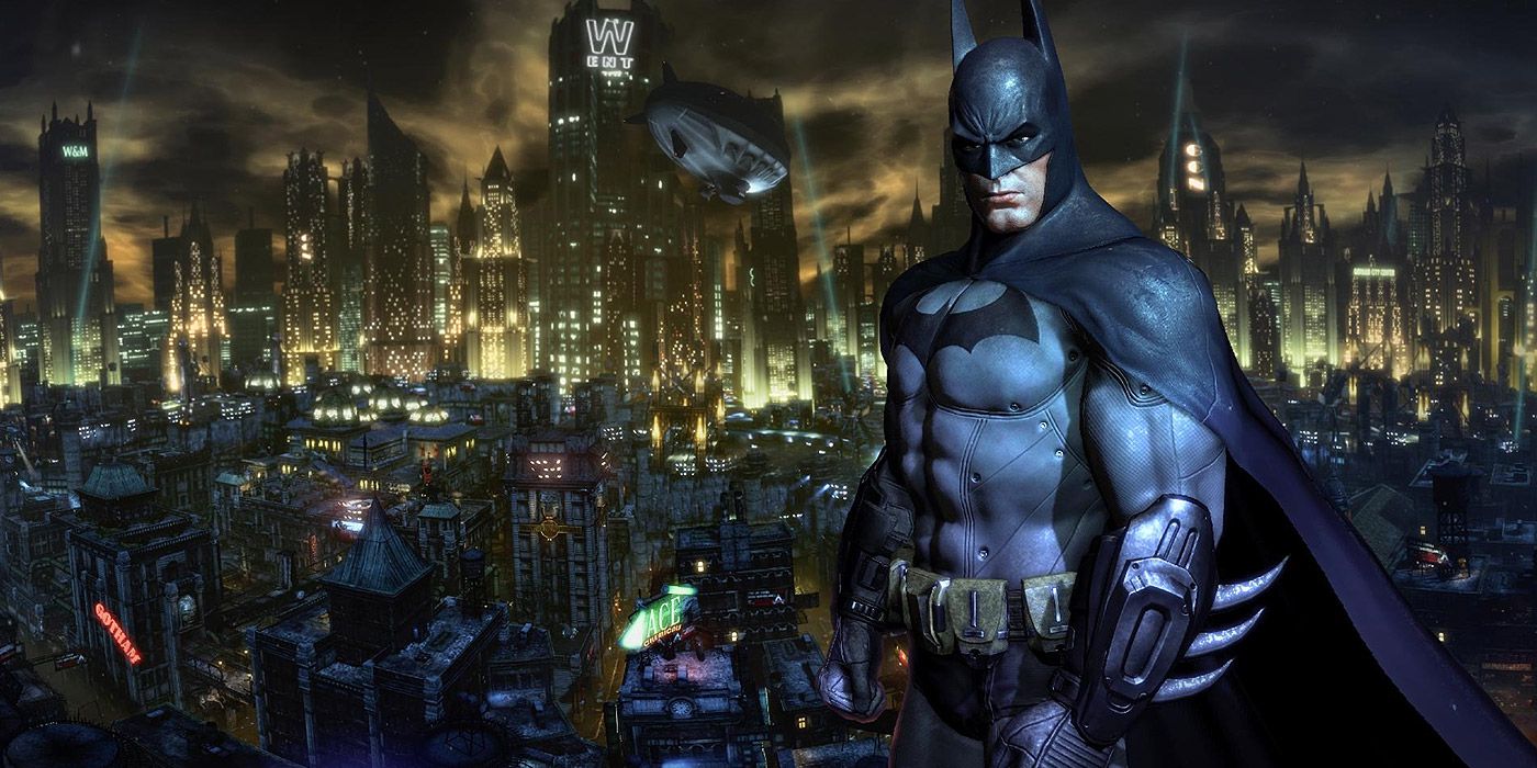 A shot of Batman standing against the backdrop of Gotham City in Batman: Arkham City