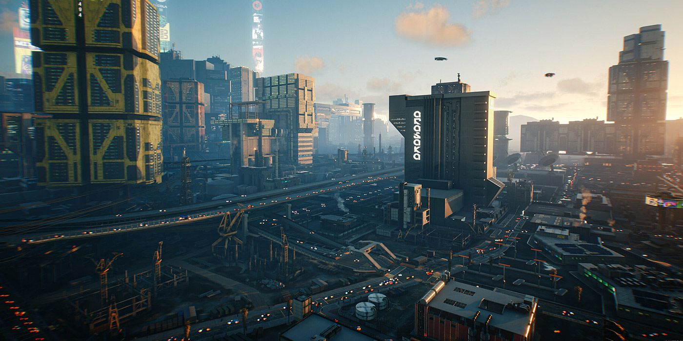 A wide shot of Night City at dusk in Cyberpunk 2077