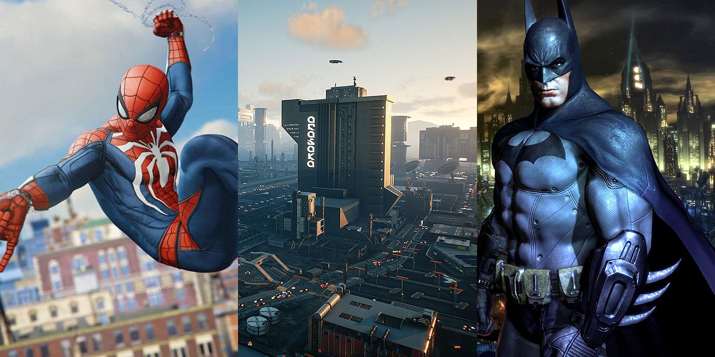 Split image of Spider-Man, Night City from Cyberpunk 2077, and Batman: Arkham City scenes