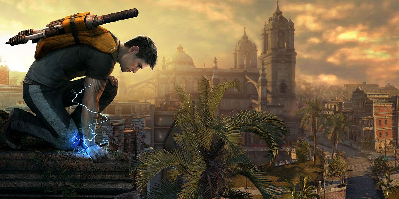 Cole kneeling over a ledge against a city backdrop in Infamous 2