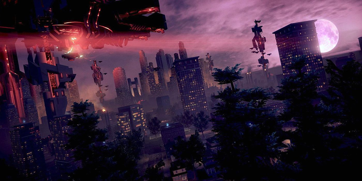 A shot of a futuristic city at night in Saints Row 4