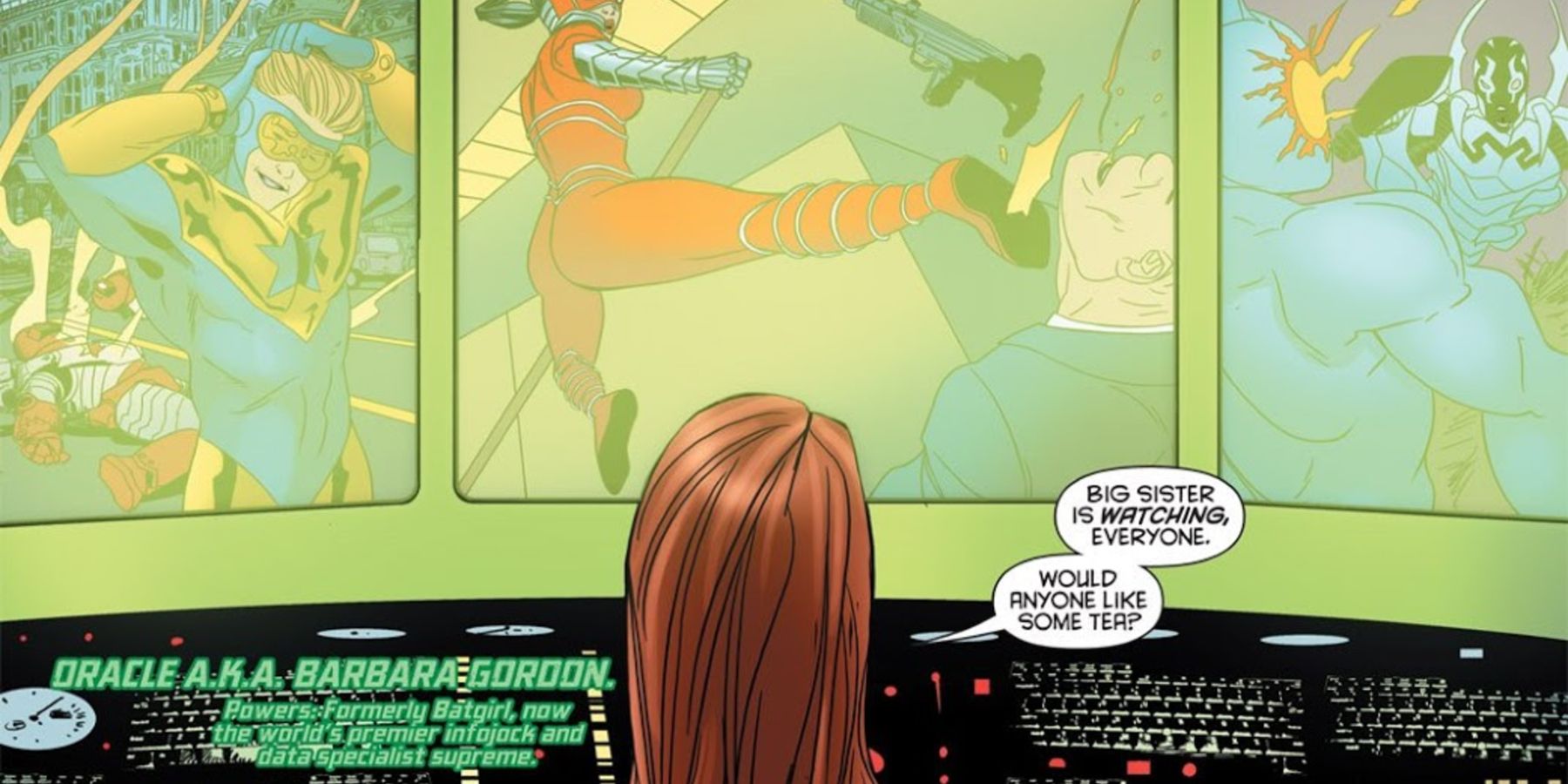 Oracle observing the world's heroes in action through her computer in Birds Of Prey: The Death Of Oracle