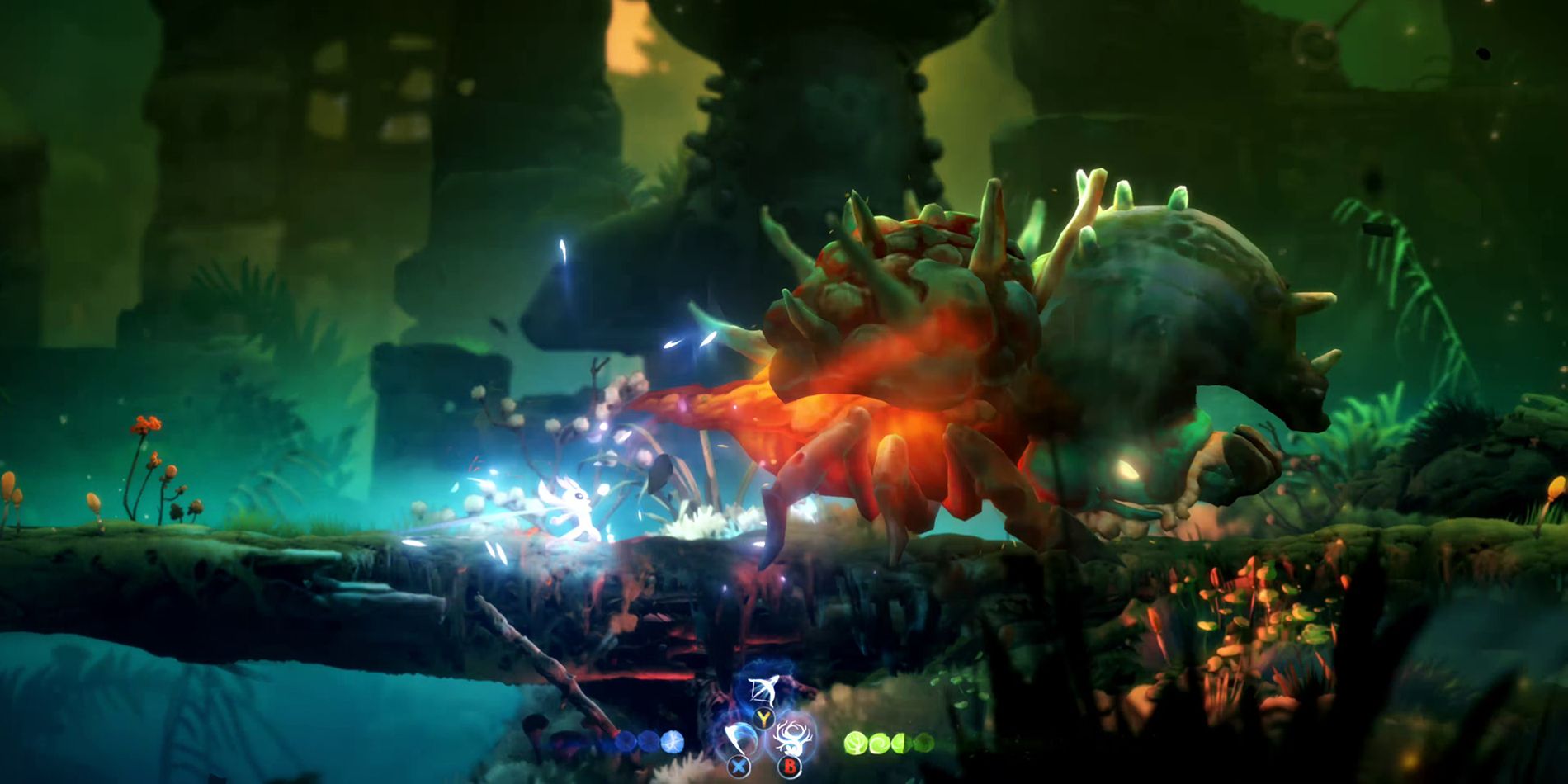 Ori fights a massive monster boss in the Nintendo Switch game Ori and the Will of the Wisps.
