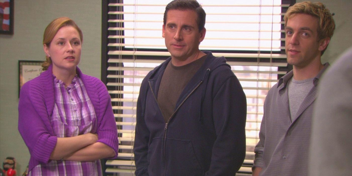 Pam Michael and Ryan having a meeting on Casual Friday in The Office