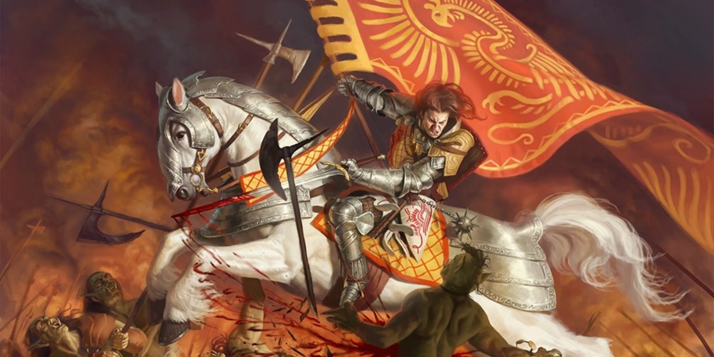 Um personagem Pathfinder blindado montado em um cavalo de guerra, carregando uma espada em uma mão e um estandarte na outra.