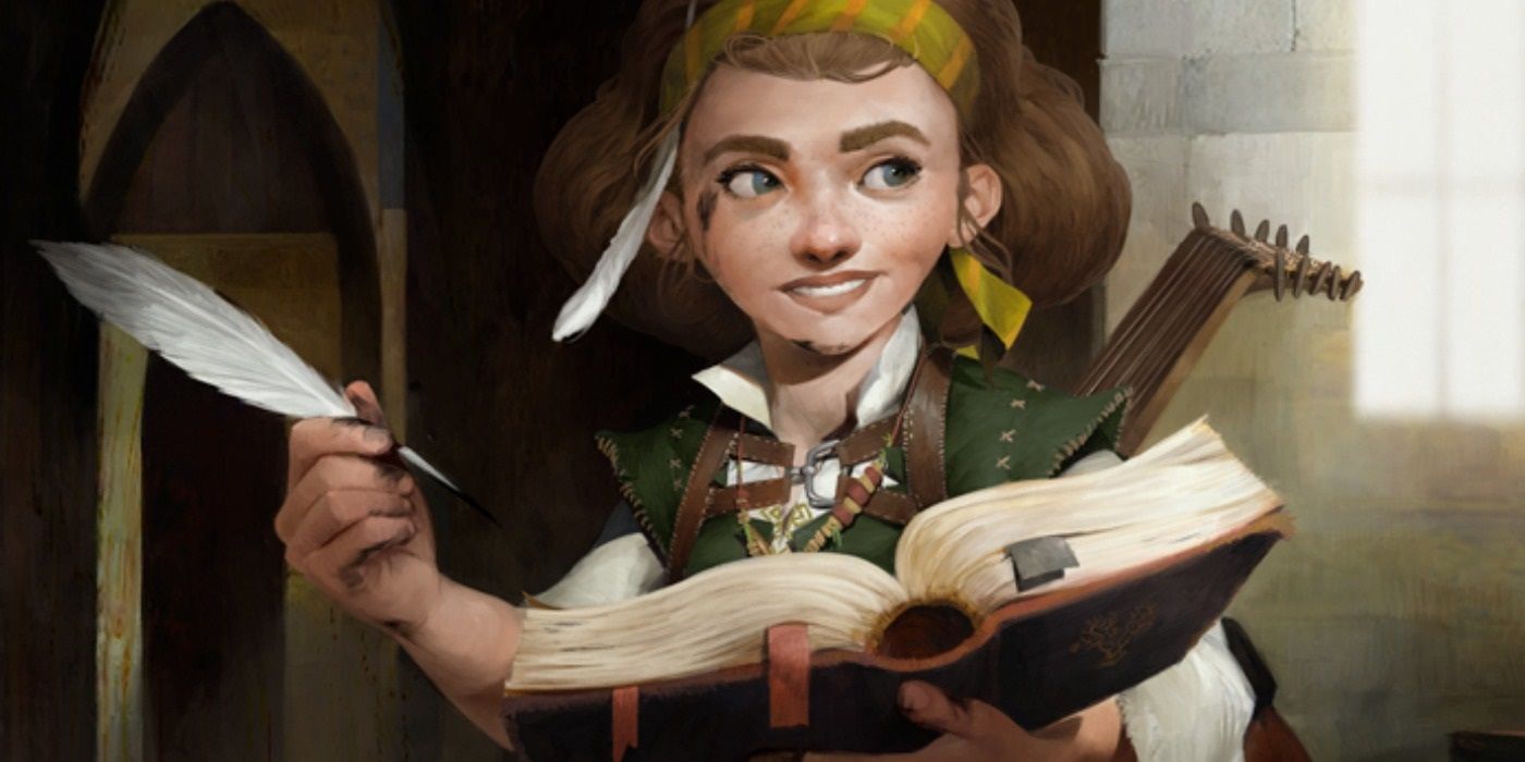 Pathfinder halfling holding a book and quill smiling off to the side