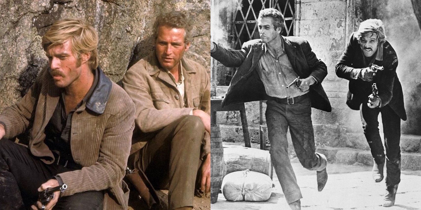 Split image Butch and the Kid preparing for battle and running in Butch Cassidy & the Sundance Kid.