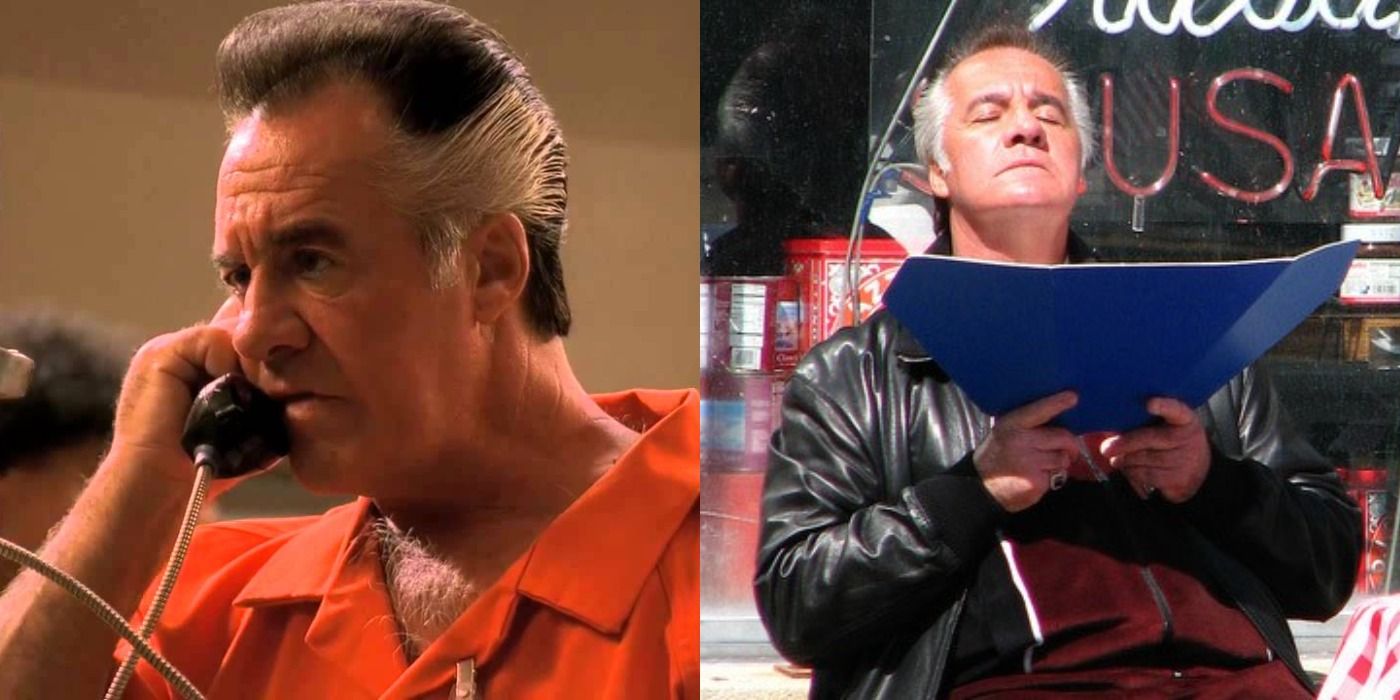 Split image of Paulie in jail on the phone and Paulie sunning himself in The Sopranos