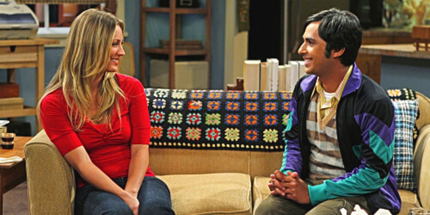 Penny and Raj sitting on the couch in TBBT