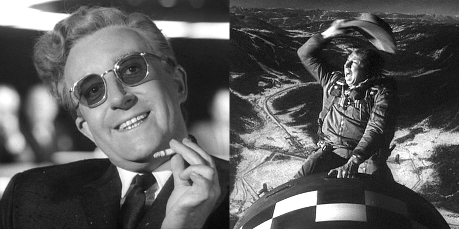 Split image of Peter Sellers smoking a cigarette and Slim Pickens riding a bomb in Dr. Strangelove