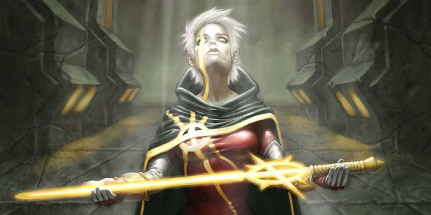 Phyla Vell holding her sword in Guardians of the