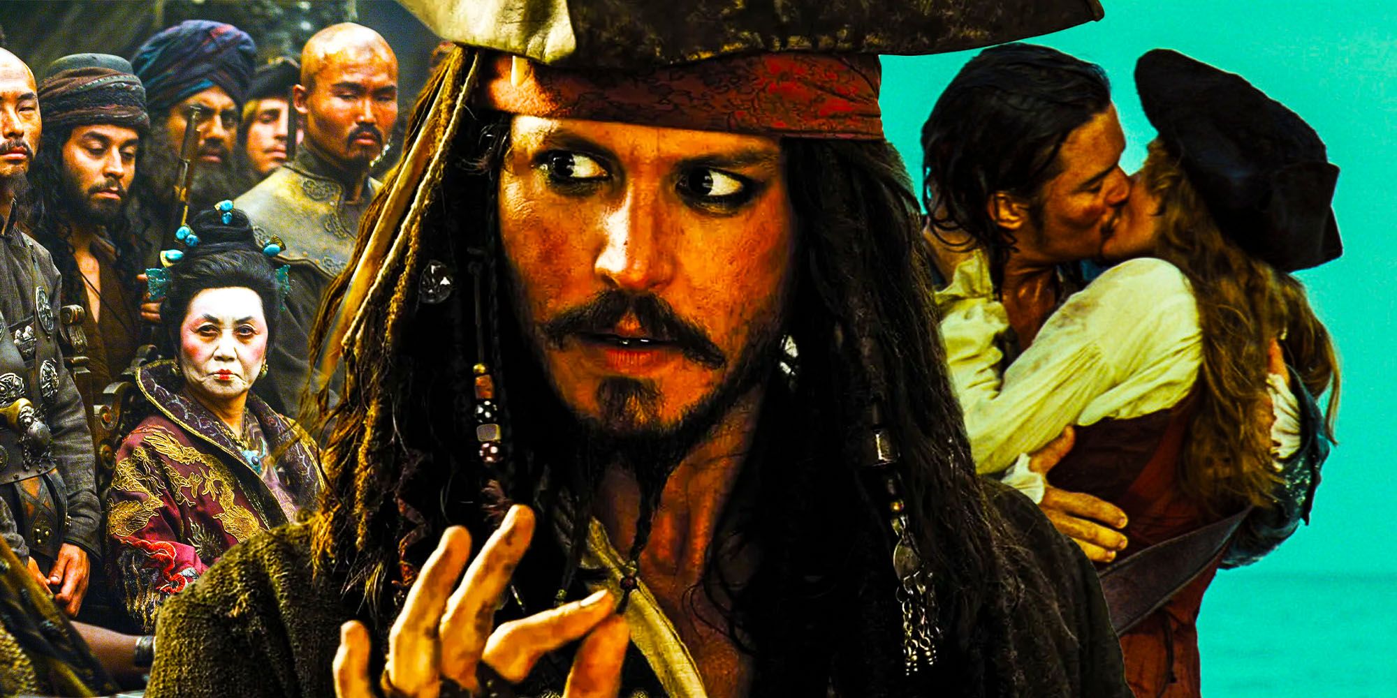 Blended image of several characters from the Pirates of the Caribbean franchise