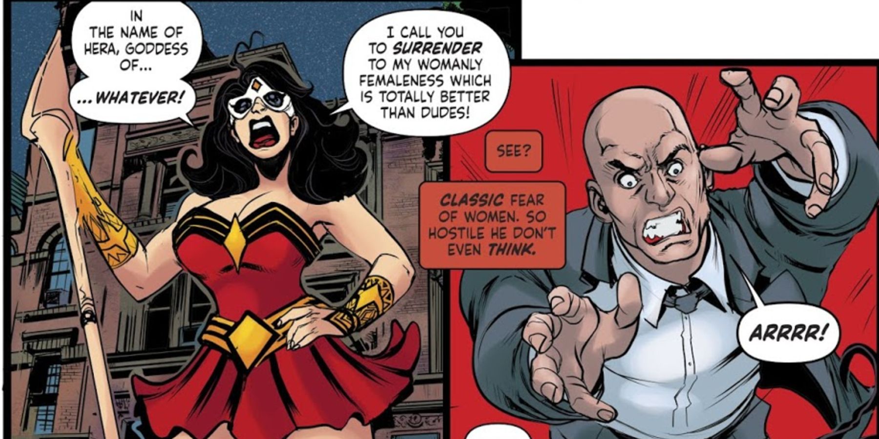 Plastic Man imitating Wonder Woman while fighting a criminal in Plastic Man