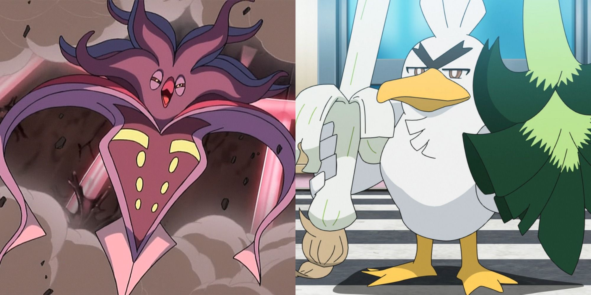 Split image showing a Malamar flying and laughing, and a Sirfetch'd standing in battle in the Pokémon anime