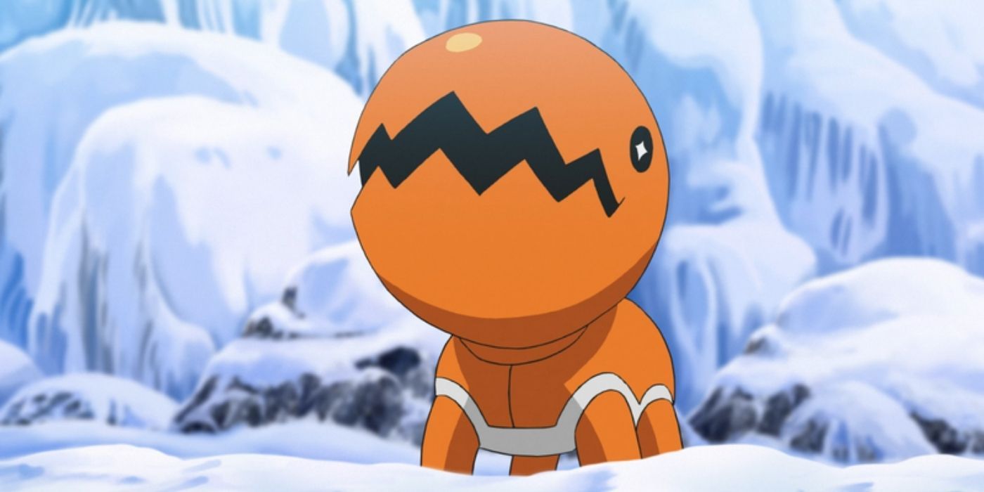 Trapinch olhando para cima enquanto está na neve no anime Pokémon.