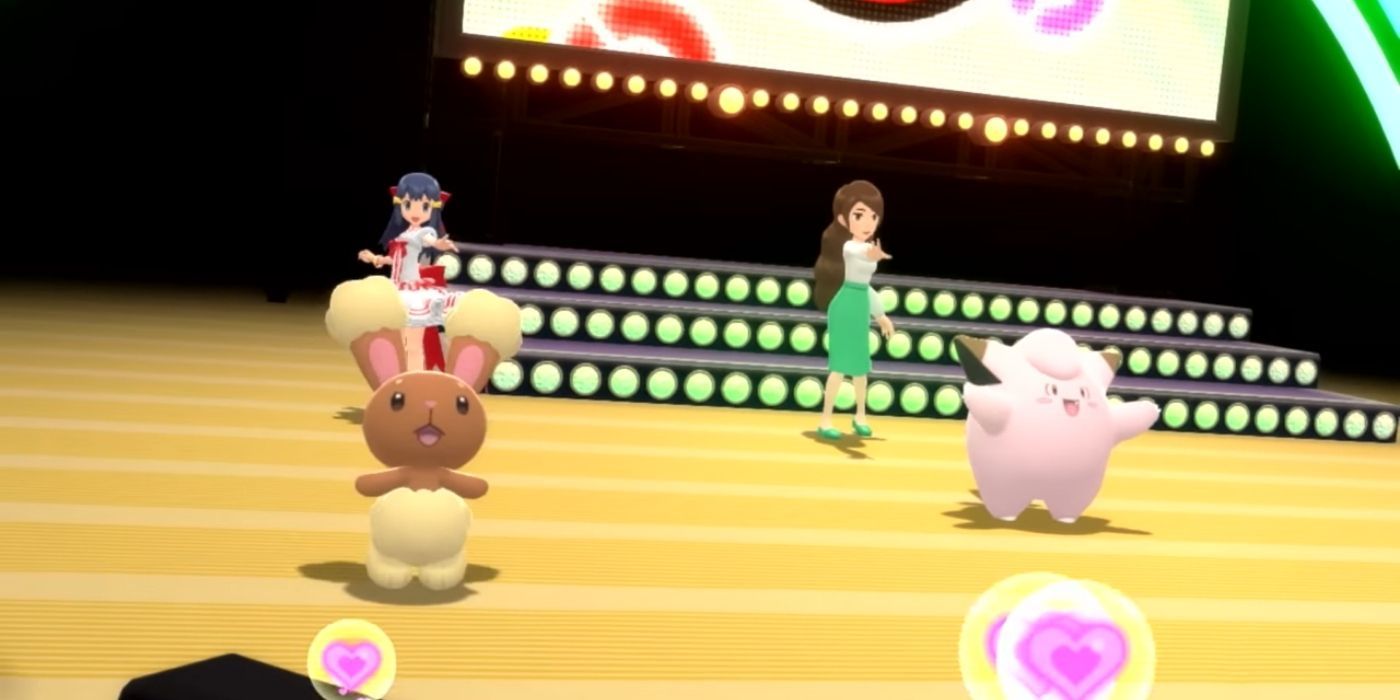 Dawn and an NPC in a Pokémon Contests in Brilliant Diamond &amp; Shining Pearl