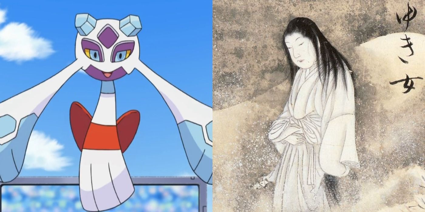 Split image showing Froslass in the Pokémon anime and a Yuki Onna