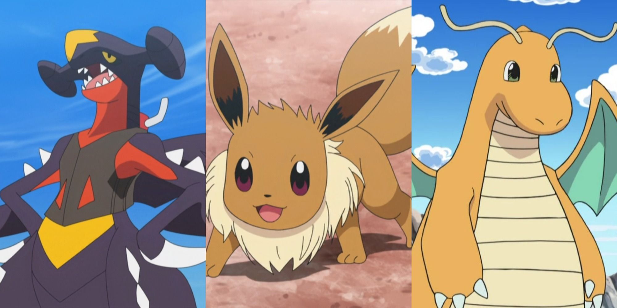 Split image showing Garchomp, Eevee, and Dragonite in the Pokémon anime.