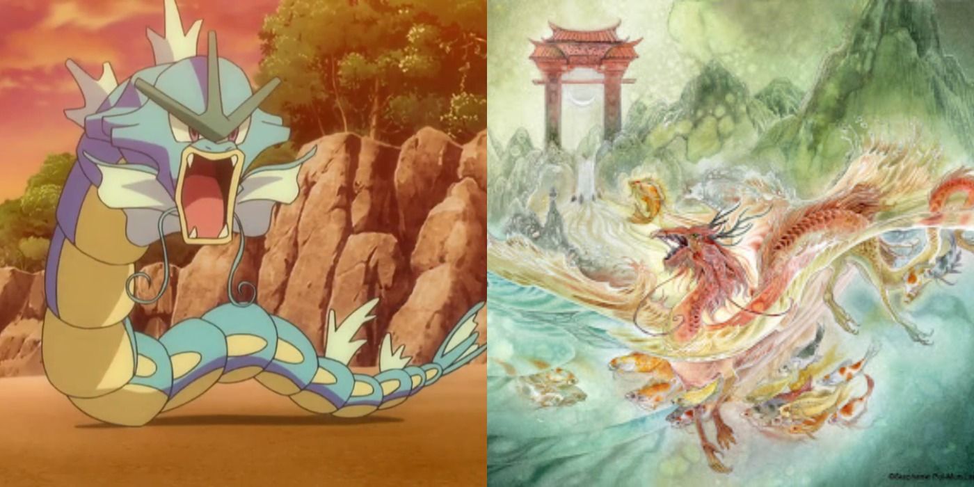 Split image showing Misty's Gyarados in the Pokémon anime and the legend of the dragon gate