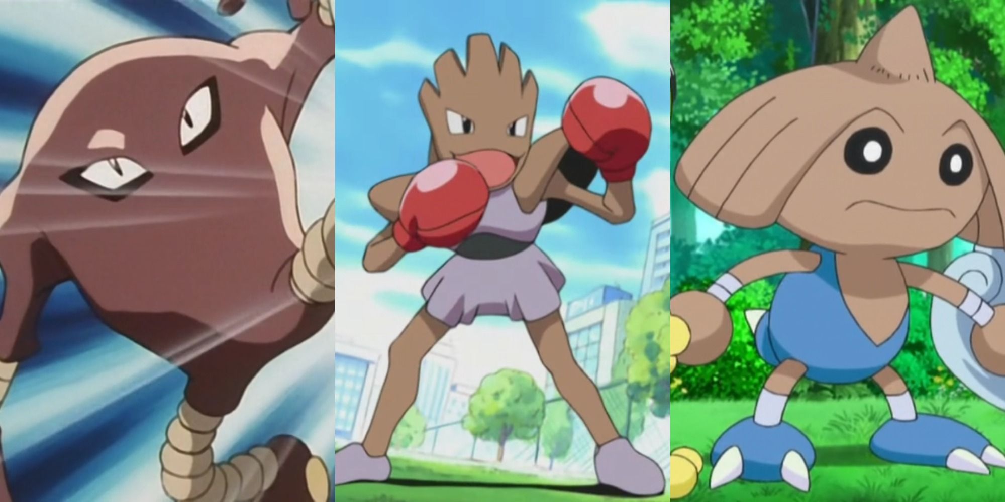 Gambar terpisah menampilkan Hitmonlee, Hitmonchan, dan Hitmontop di anime Pokemon