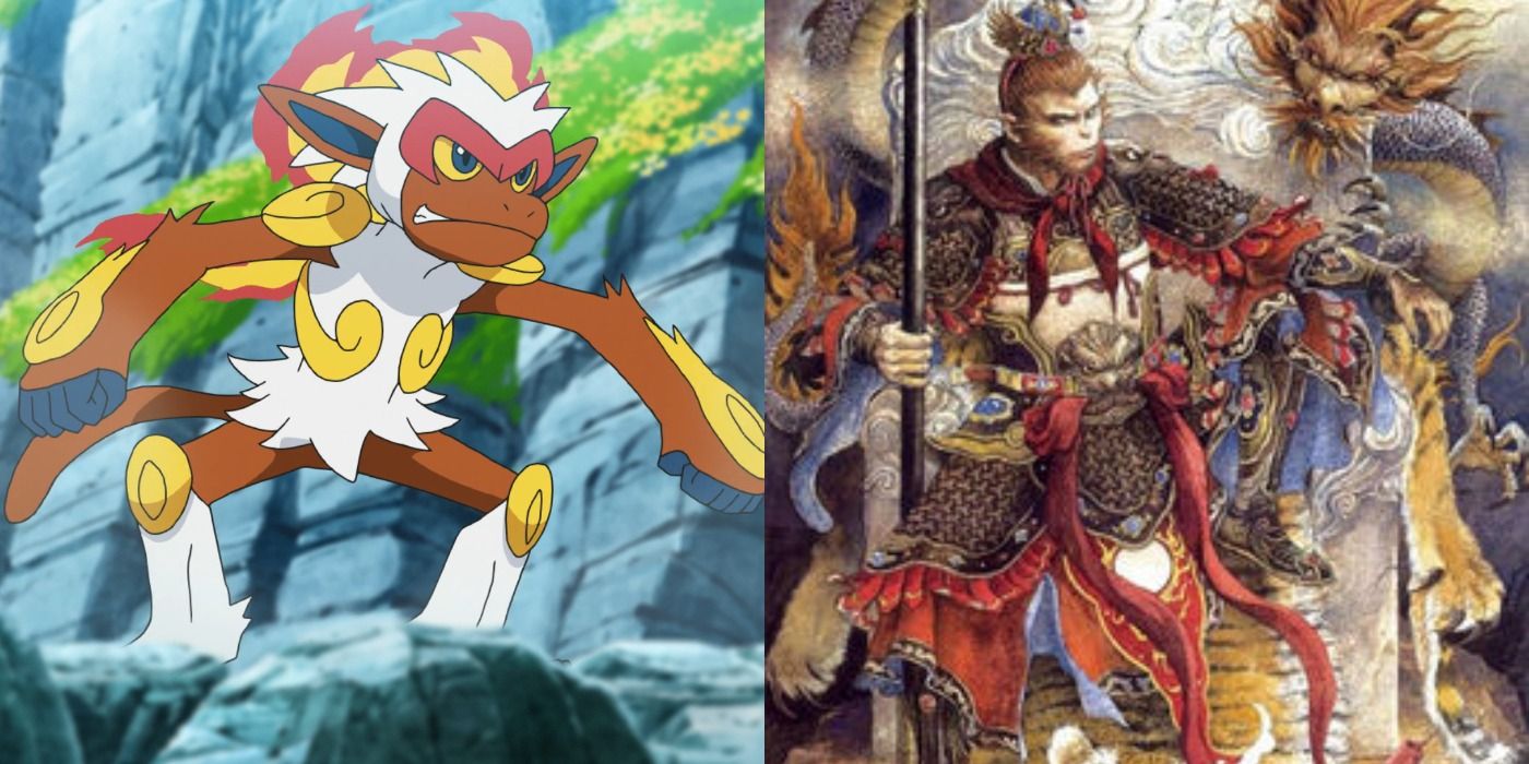 Split image shwoing Infernape in the Pokémon anime and Sun-Wukong from Journey to the West