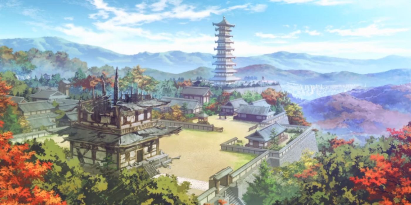 Uma vista da cidade de Ecruteak do anime Pokémon Journeys