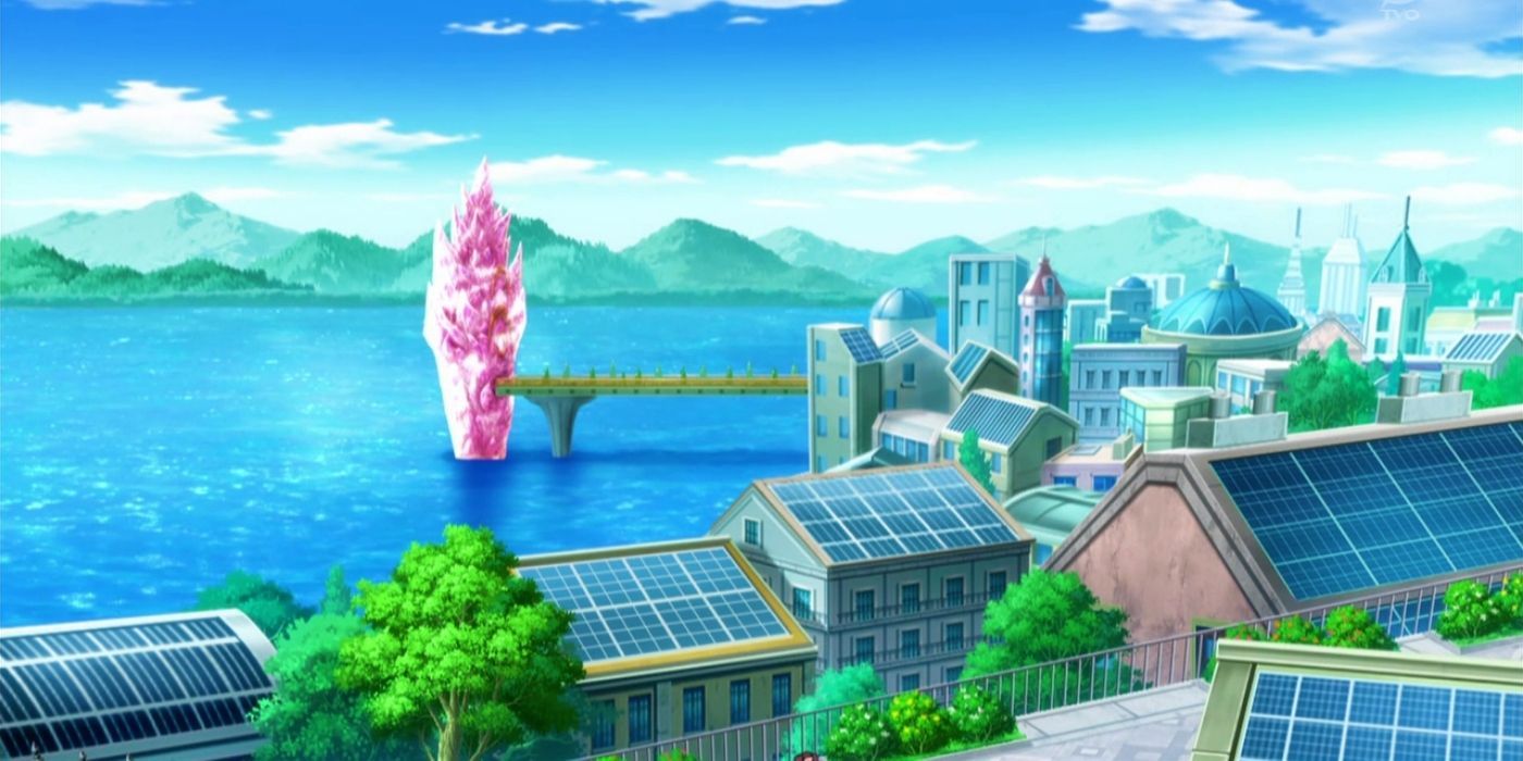 An image of the houses in Anistar City as seen in the Pokémon anime