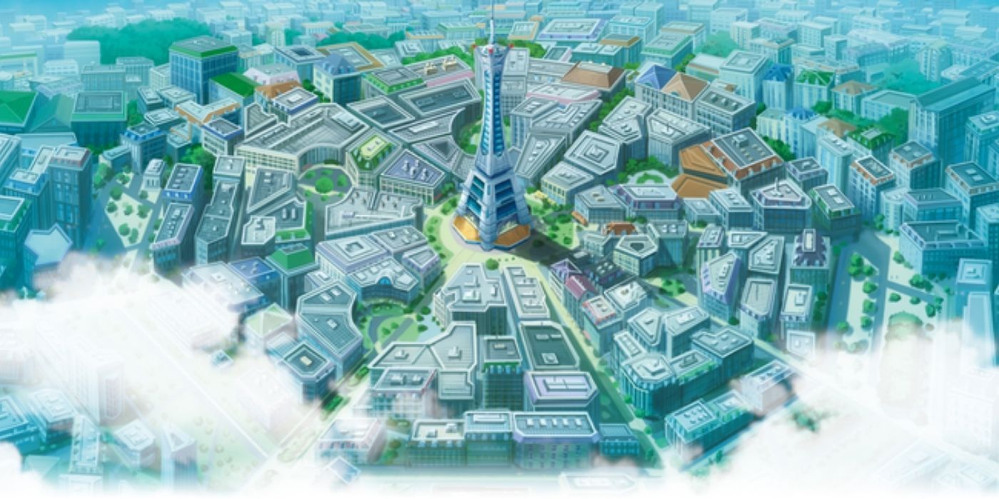 Lumiose City as seen from above in the Pokémon anime