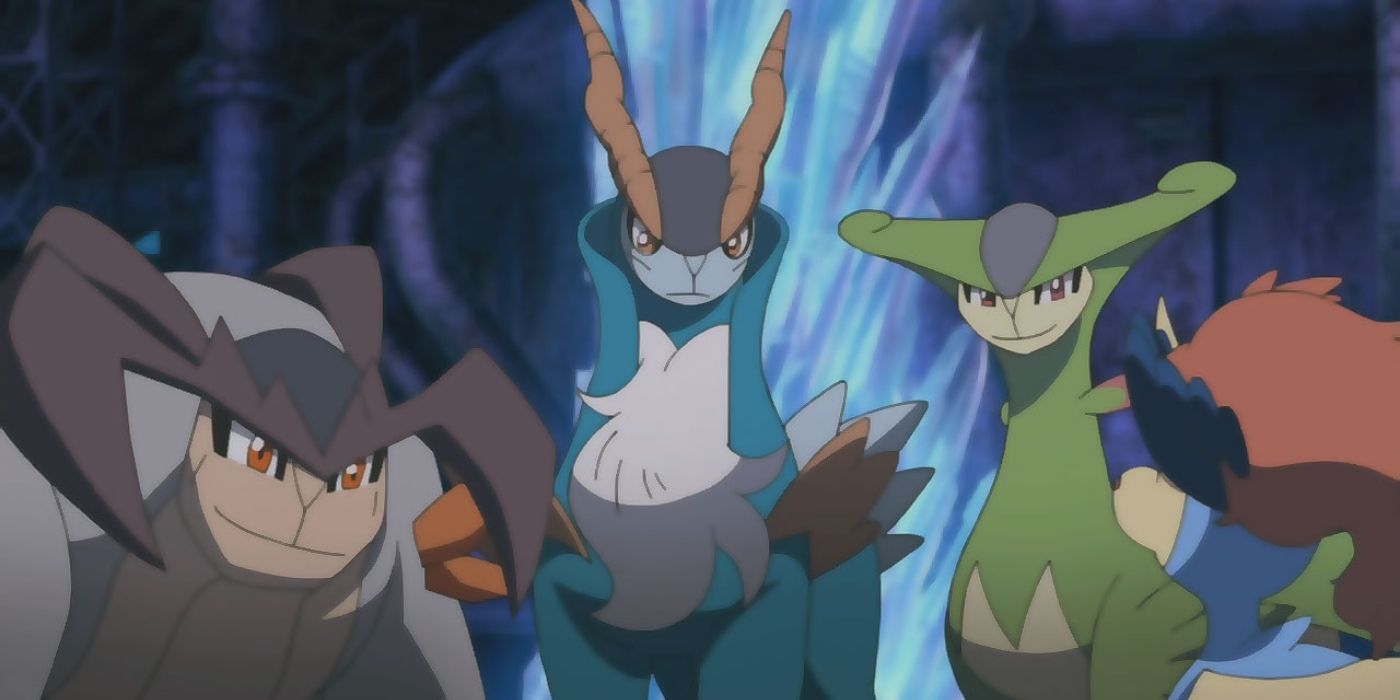 Cobalion, Terrakion, and Verizion stare at Kaldeo in the Pokémon anime