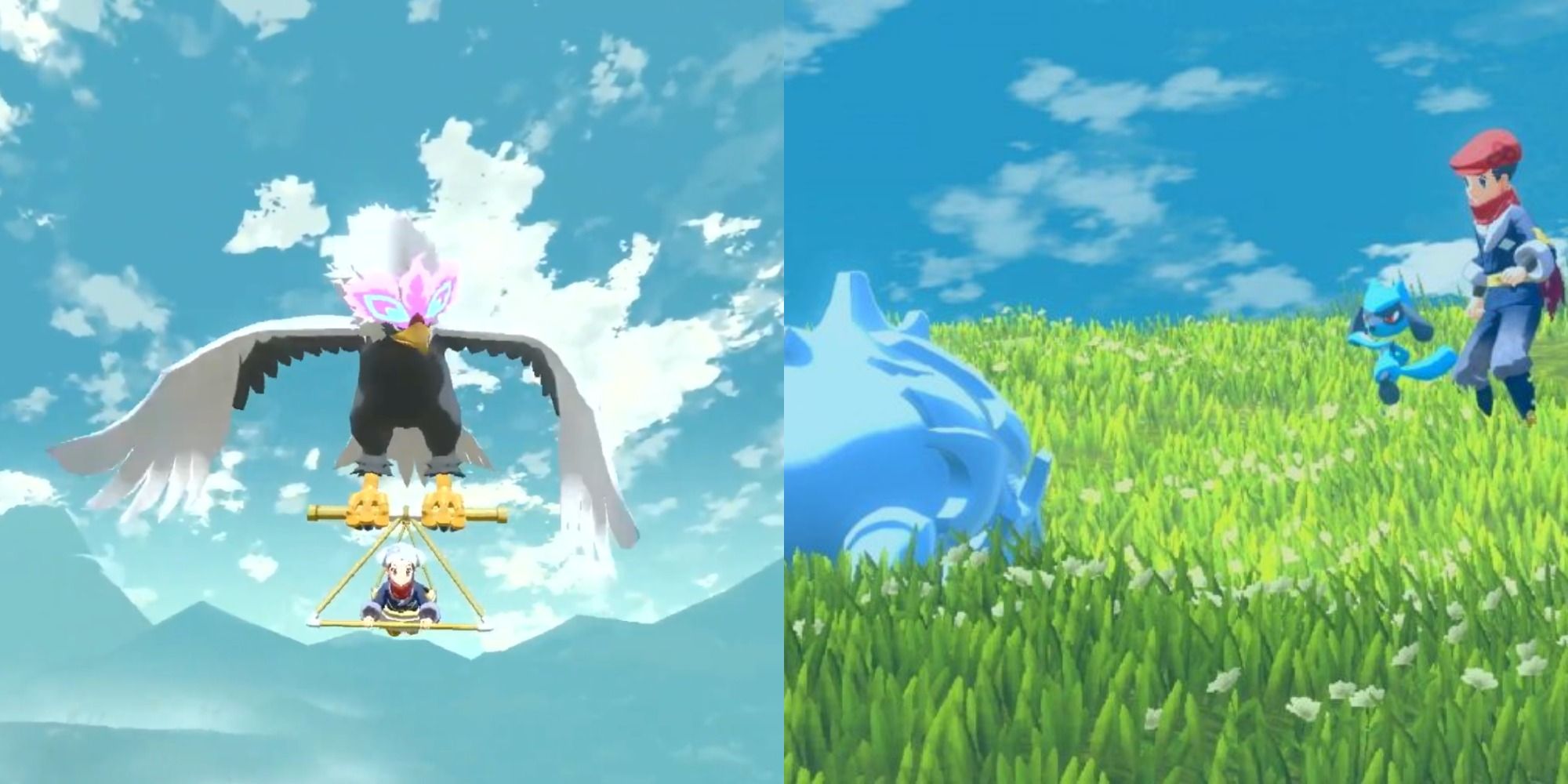 Split image showing Rei riding on Hisuian Braviary, and Rei and Riolu battling a Rhyhorn in Pokémon Legends: Arceus