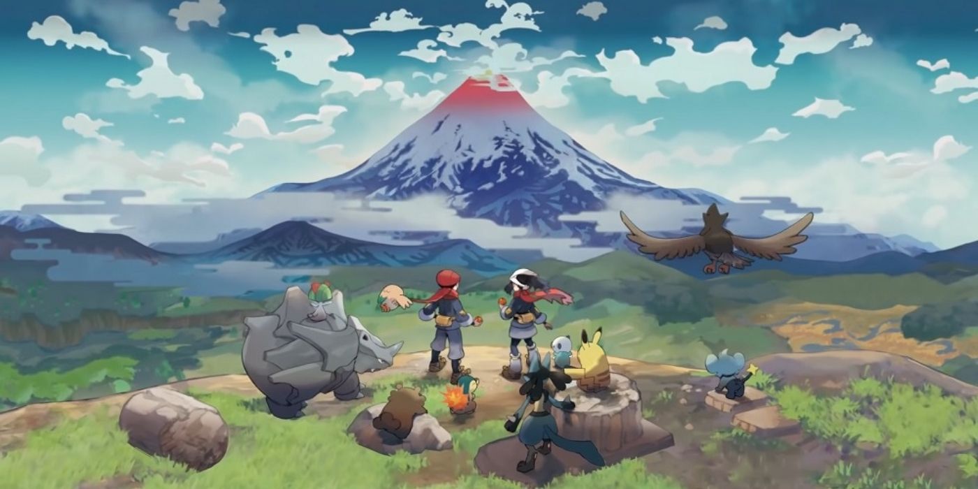 Rei, Akari, and their Pokémon look at Mt- Coronet in Pokémon Legends: Arceus.