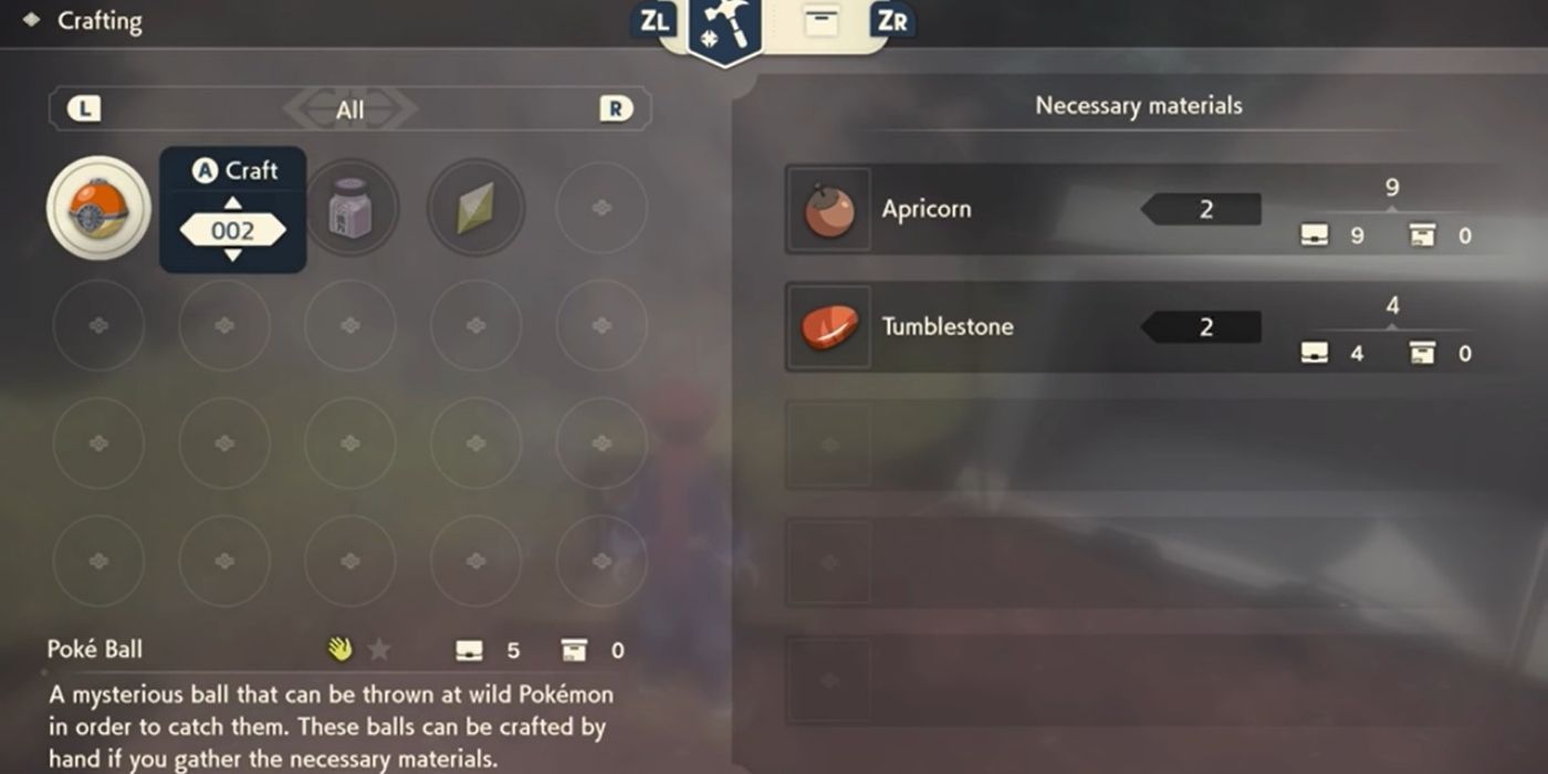 The crafting screen in Pokémon Legends: Arceus.