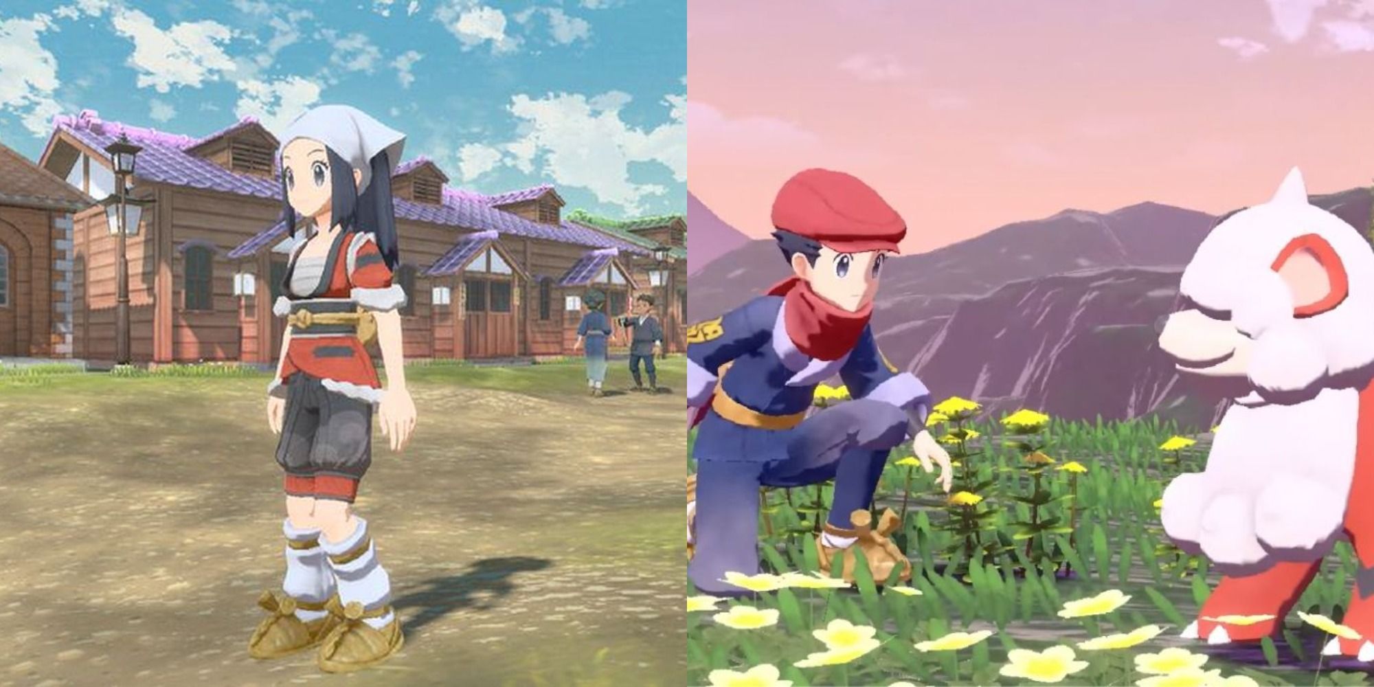 Split image showing Rei in a Hisuian Growlither outfit and Akari with a Hisuian Growlithe in Pokémon Legends: Arceus