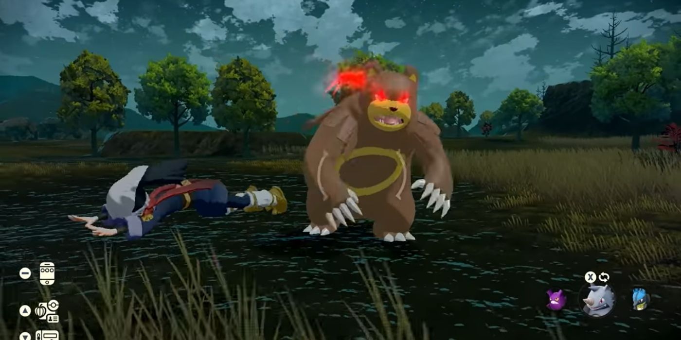 Ursaring attacks Rei in a forest in Pokémon Legends: Arceus.