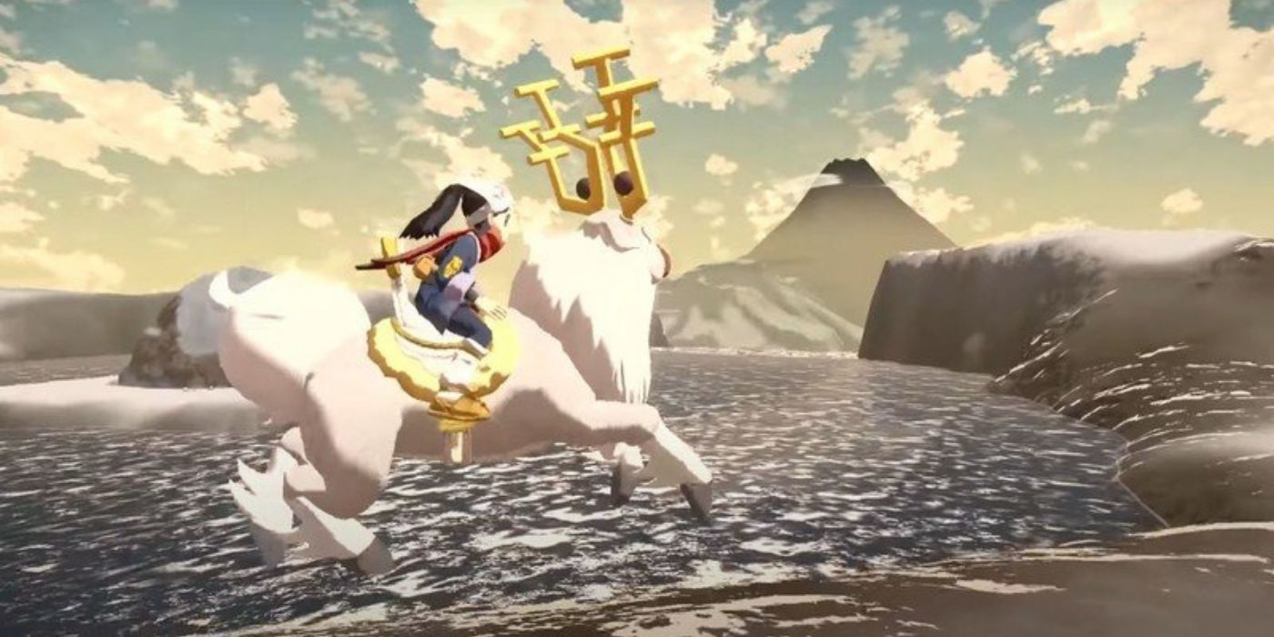 Rei riding atop Wyrdeer in Pokémon Legends: Arceus