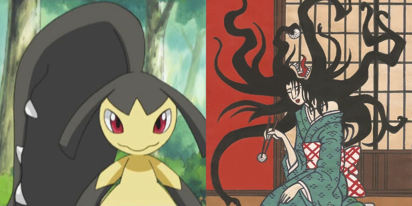 Split image showing Mawile in the Pokémon anime and the Futakachi Onna