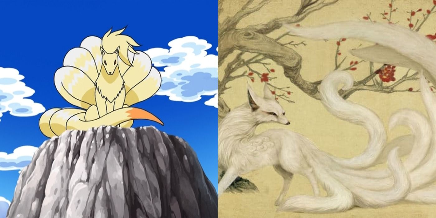 Split image showing Ninetales in the Pokémon anime and the nine-tailed fox from myth