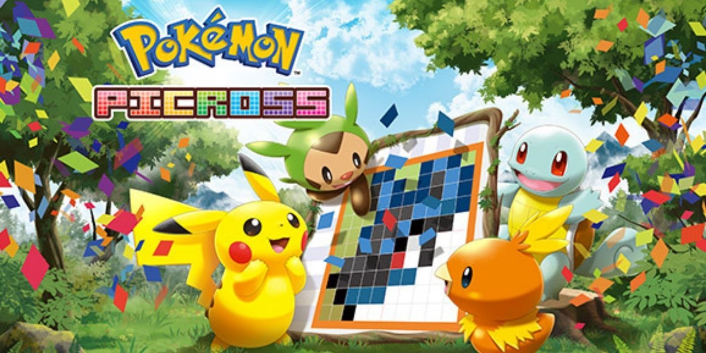 Banner for the Pokémon Picross game featuring Pikachu, Chespin, Torchic, and Squirtle