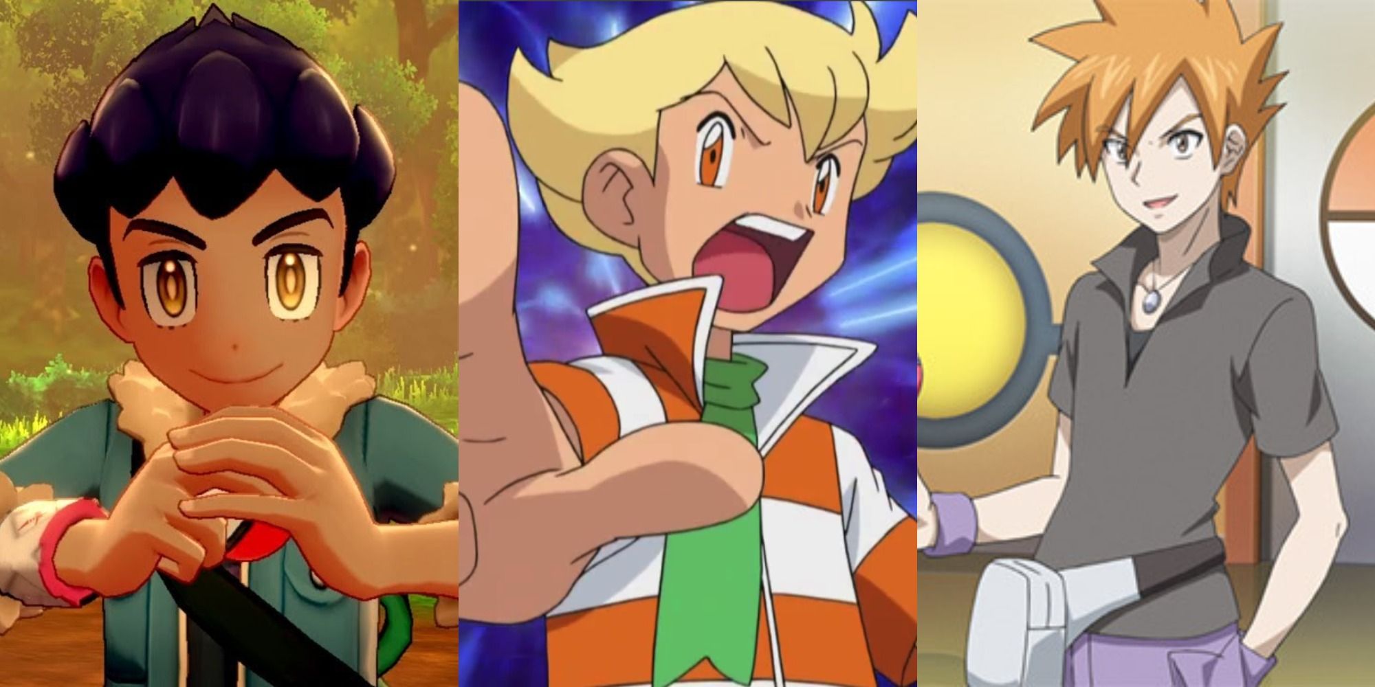 Split image of Hop, Barry, and Blue in Pokémon
