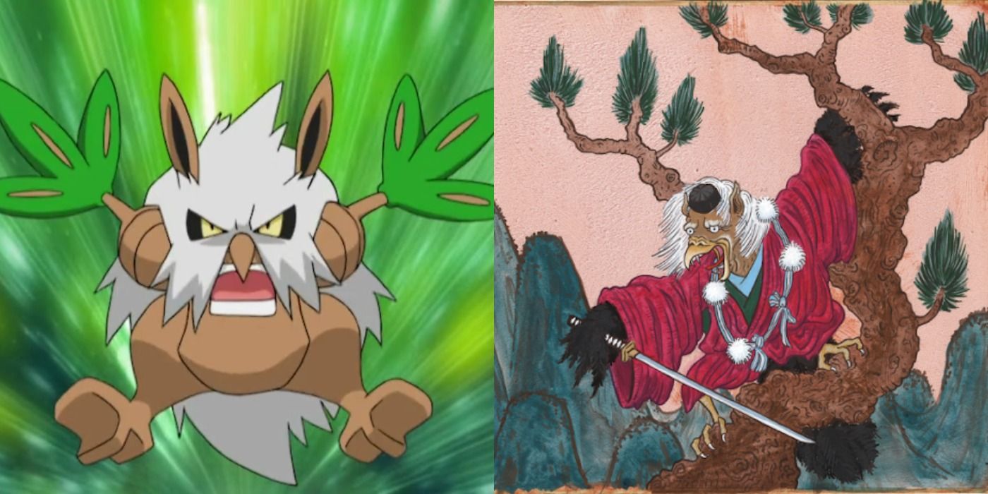Split image showing Shiftry in the Pokémon anime and the Tengu Yokai