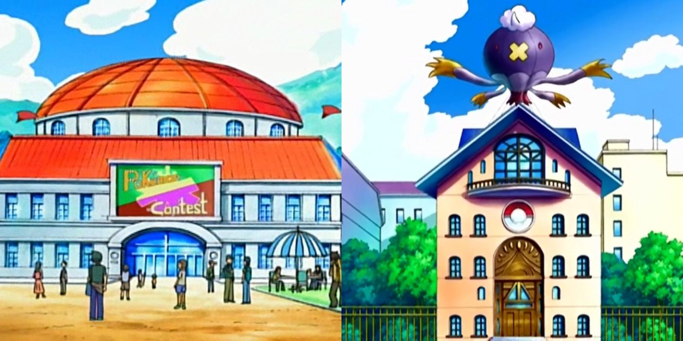 Split image showing the Contest Hall and Pokémon Gym in Hearthome City