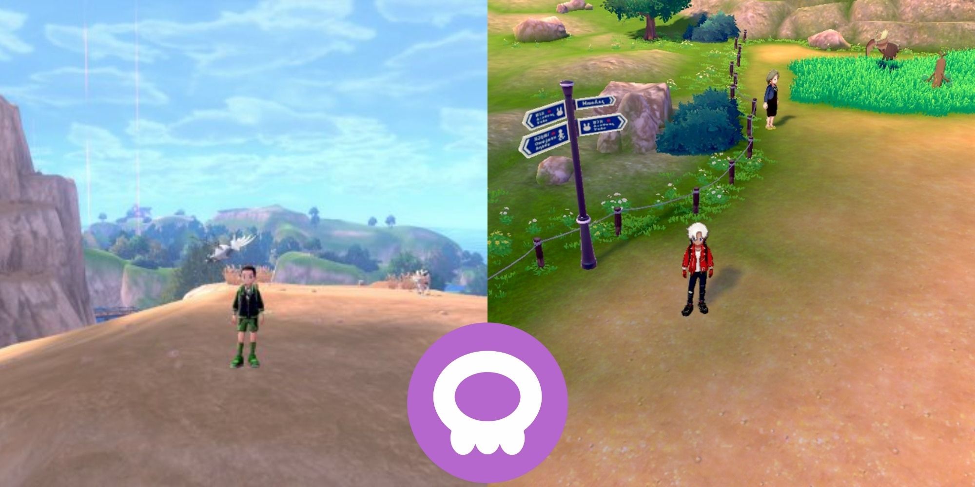 Split image showing Victor at Challenge Road and Motostoke Outskirts and the Poison-type logo in Pokémon Sword & Shield