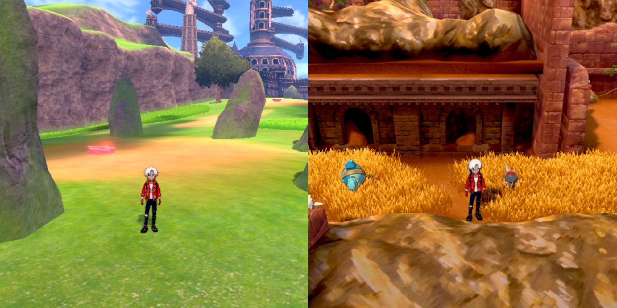 Split image showing Victor at the Lake of Outrage and Route 8 in Pokémon Sword & Shield