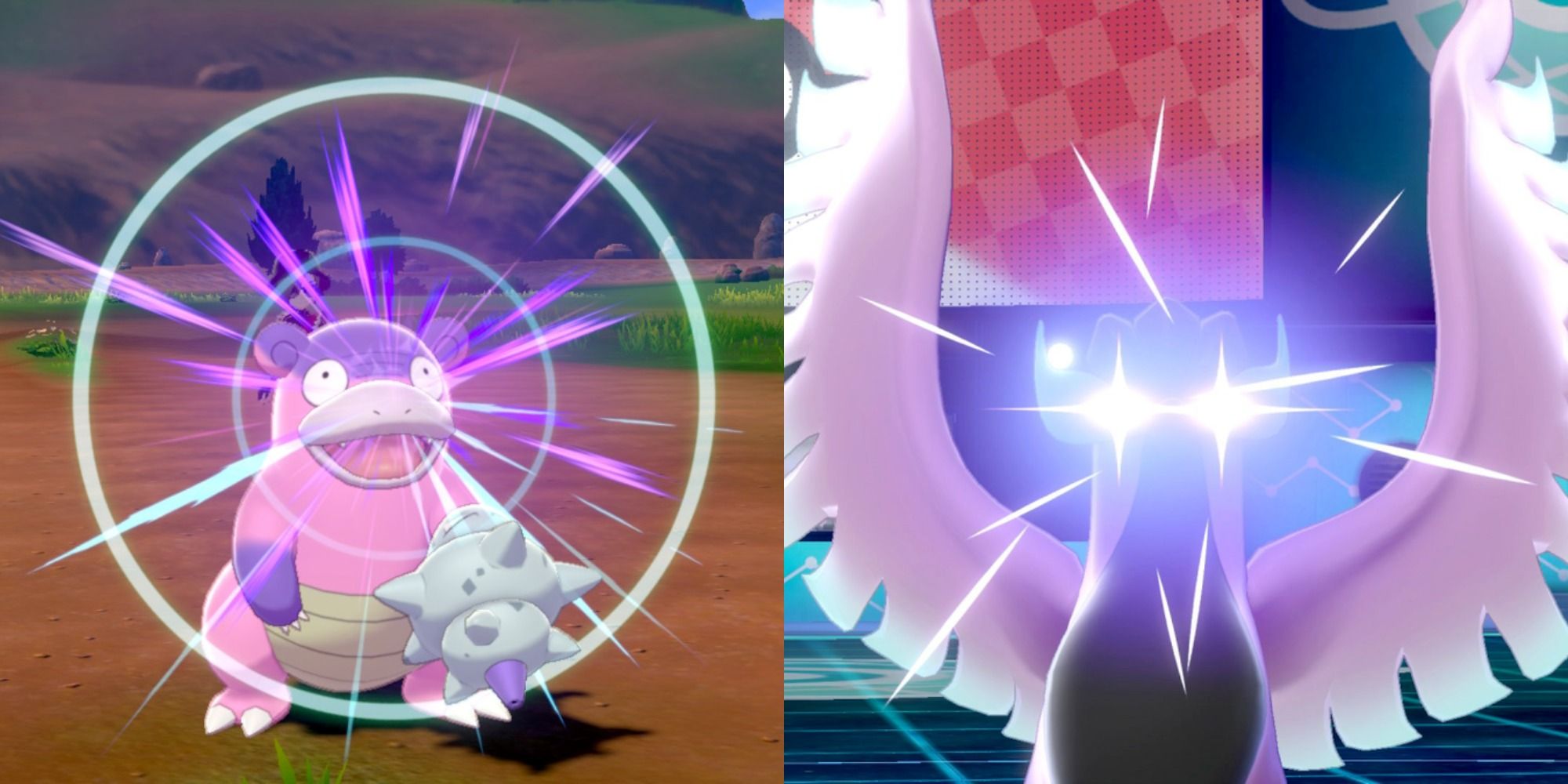 Split image: Two Psychic-type Pokemon battling in Pokemon Sword & Shield