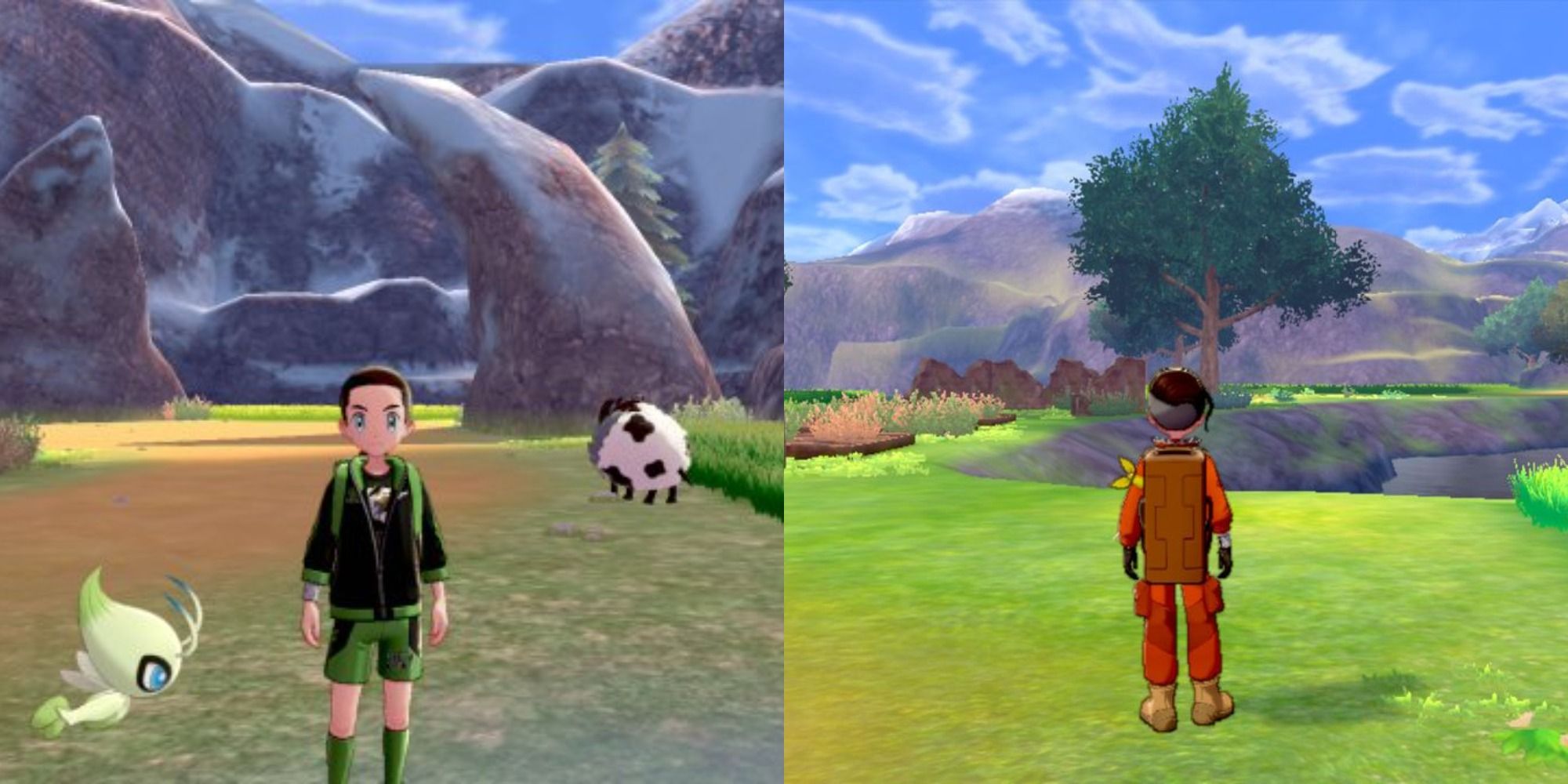 Split image showing Victor at Three-Point Pass and Bellimere Lake in Pokémon: Sword & Shield.