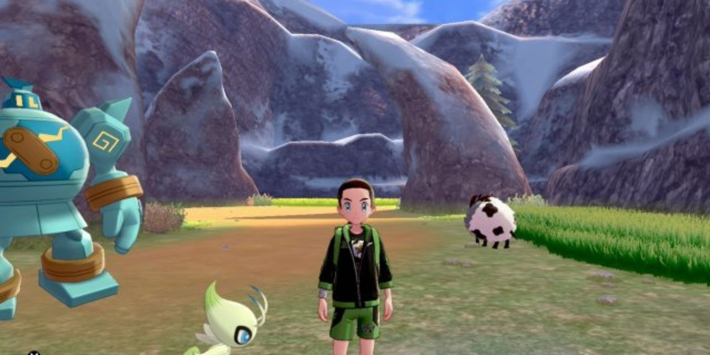 Victor surrounded by wild Pokémon at Three-Point Pass in Pokémon-Sword-&amp;-Shield