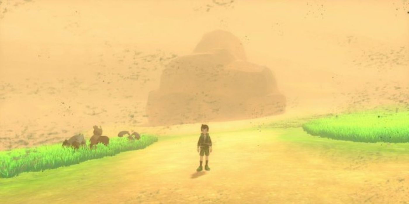Victor in the middle of a sandstorm while at Giant's Cap in Pokémon Sword &amp; Shield