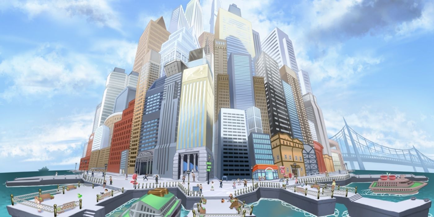 An image of Castelia City, as seen in the Pokémon anime