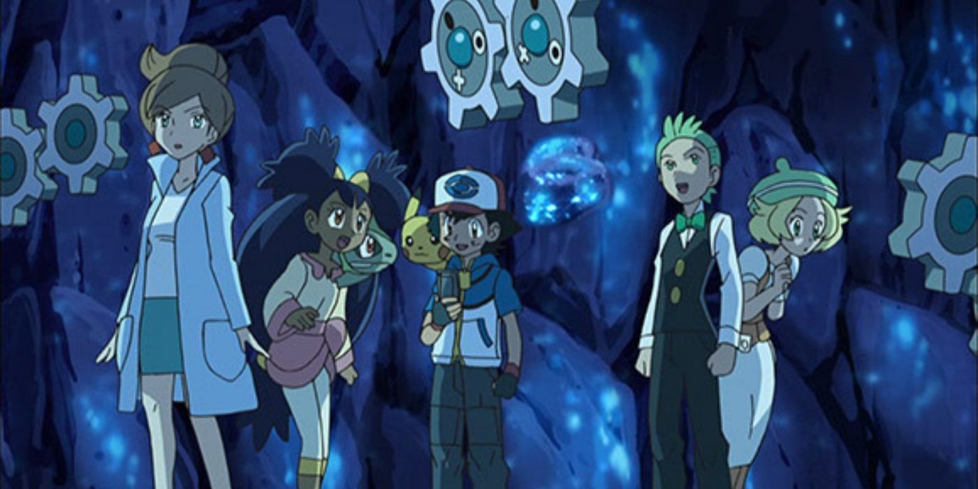 An image of Ash, Iris, Cilan, Bianca. and Professor Juniper in Chragestone Cave in the Pokémon anime